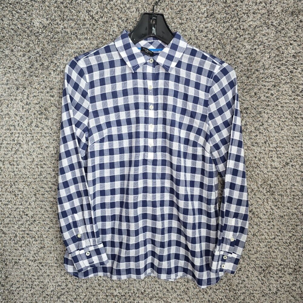 Talbots Top‎ Womens P Petite XS Blue Popover Blouse Semi Sheer Collared Casual